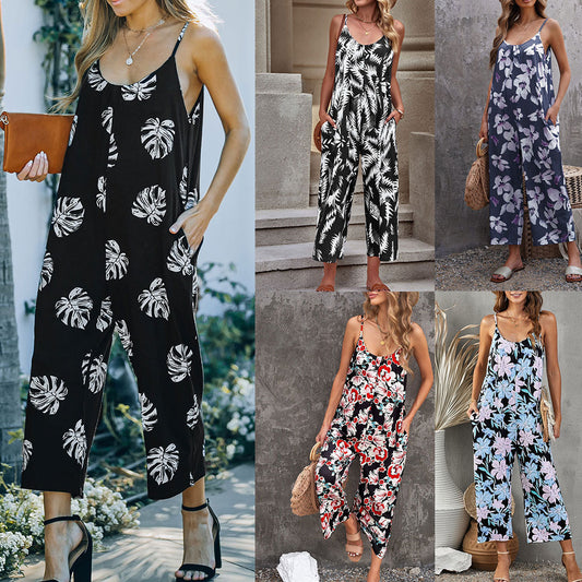 Flowers Print Suspender Jumpsuit With Pockets Spring Summer Fashion Round-neck Overalls For Womens Clothing - Global Trending