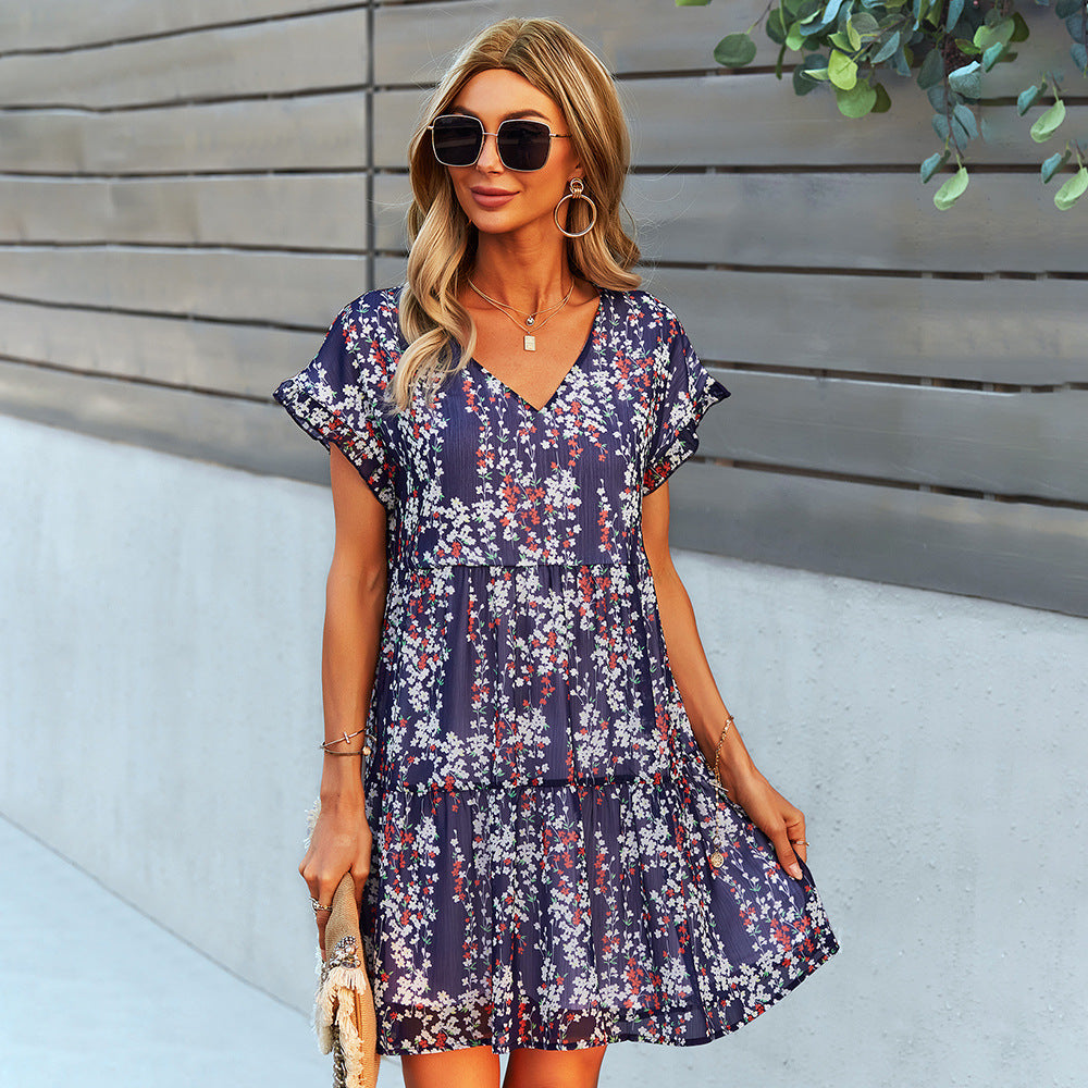 Flowers Print Short-sleeved Dress Summer Loose Chiffon A-line Dresses Fashion Casual Holiday Beach Dress For Womens Clothing - Global Trending