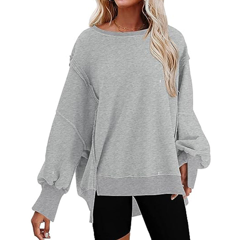 Pullover Sweatshirt Loose Round Neck Side Slit Long Sleeve Sports Sweatshirt For Women Tops - Global Trending