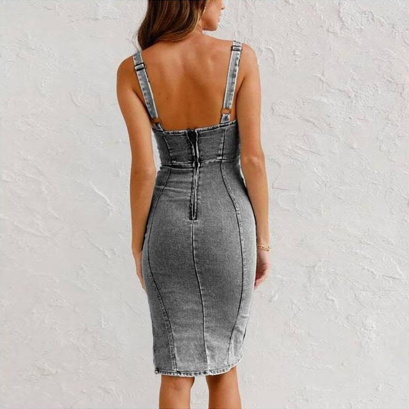 New U-neck Suspender Denim Dress Summer Casual Tight Slim Fit Dresses With Slit Design Womens Clothing - Global Trending