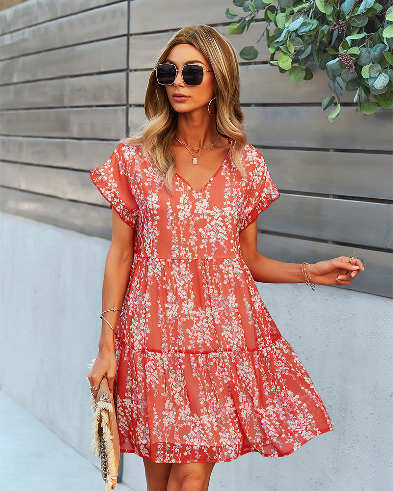 Flowers Print Short-sleeved Dress Summer Loose Chiffon A-line Dresses Fashion Casual Holiday Beach Dress For Womens Clothing - Global Trending