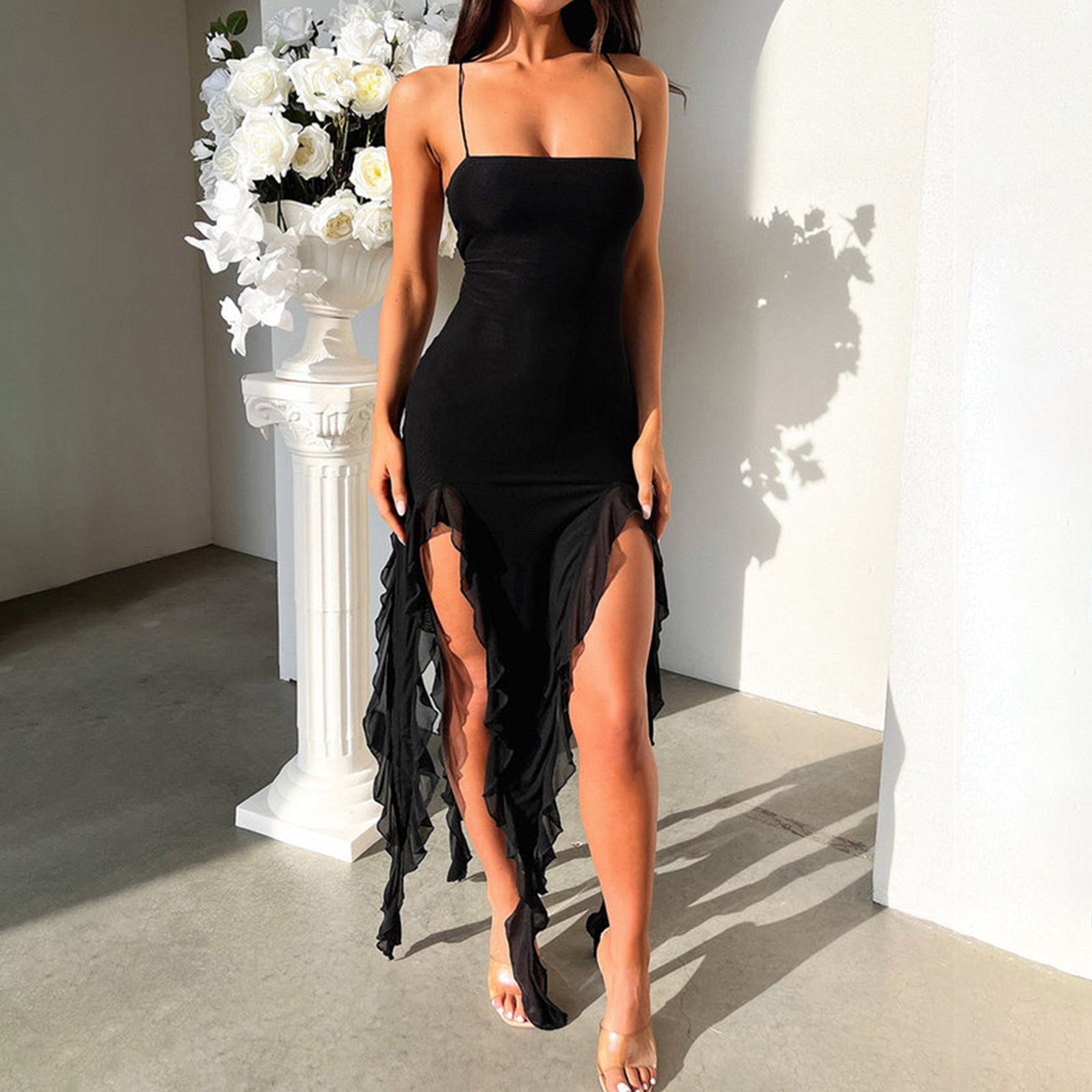 Sexy Suspender Tight Slim Skirt Fashion Split Ruffle Design Dress Summer Womens Clothing - Global Trending