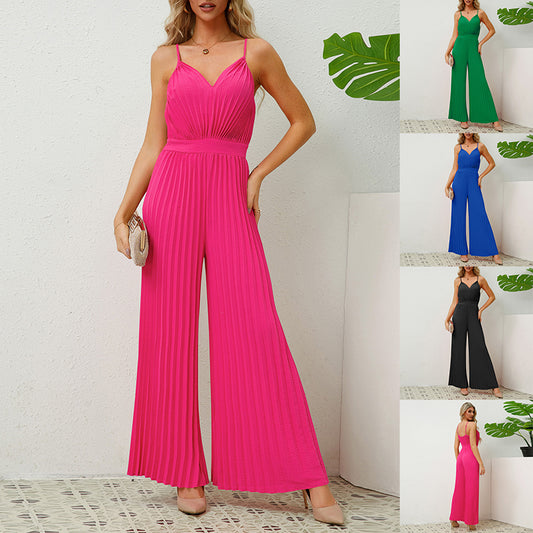 V-neck Suspender Pleated Jumpsuit Solid Color Loose Straight Pants Womens Clothing - Global Trending