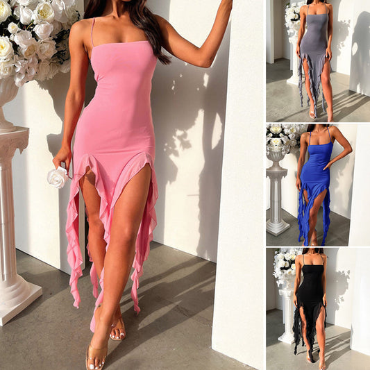 Sexy Suspender Tight Slim Skirt Fashion Split Ruffle Design Dress Summer Womens Clothing - Global Trending