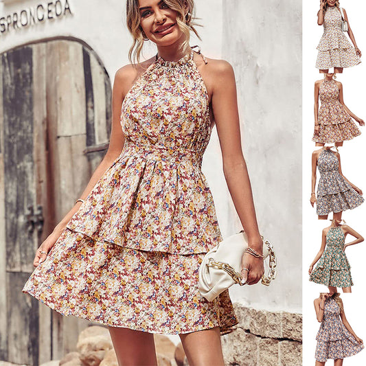 Summer Printed Halter Dress Fashion Backless Ruffled A-Line Beach Dresses For Womens Clothing - Global Trending