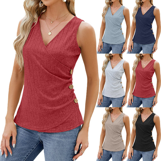 Fashion Vest With Button Design New Sleeveless V-neck T-shirt Solid Color Tank Tops Summer Women's Clothing - Global Trending