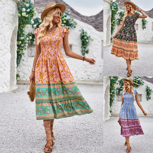 New Flowers Print V-neck Dress Summer Casual Ruffle Sleeveless Dresses Bohemian Holiday Beach Dress For Womens Clothing - Global Trending