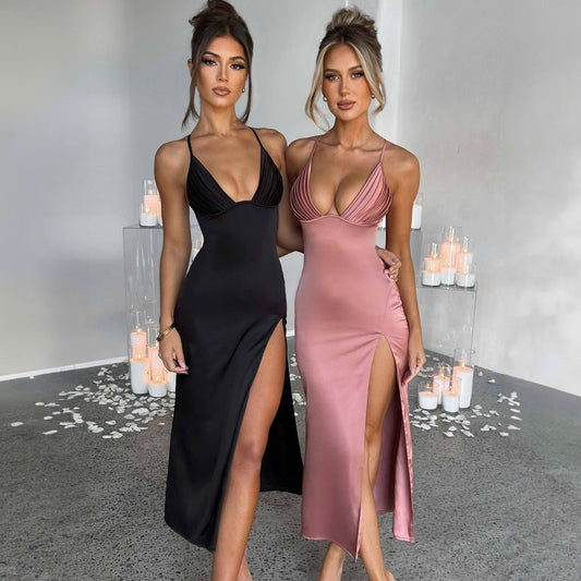 Spaghetti Strap Dress With Split Design Deep V-neck Sleeveless Backless Bodycon Party Dresses For Womens Clothing - Global Trending