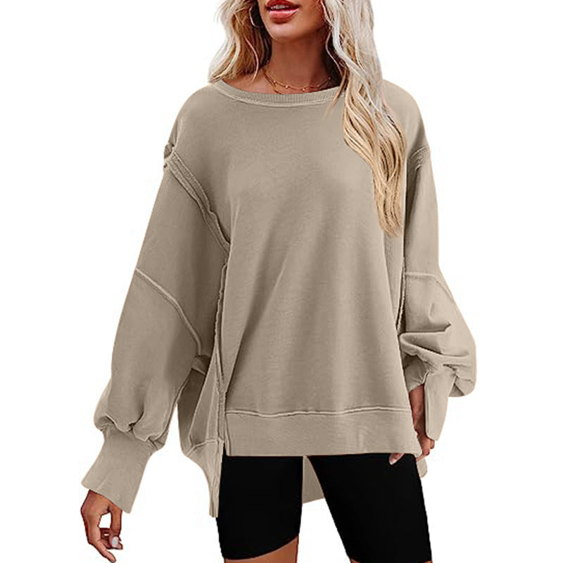 Pullover Sweatshirt Loose Round Neck Side Slit Long Sleeve Sports Sweatshirt For Women Tops - Global Trending