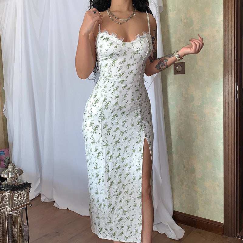 Lace Flowers Print Long Dress Sexy Fashion Slit Suspender Dress Summer Womens Clothing - Global Trending