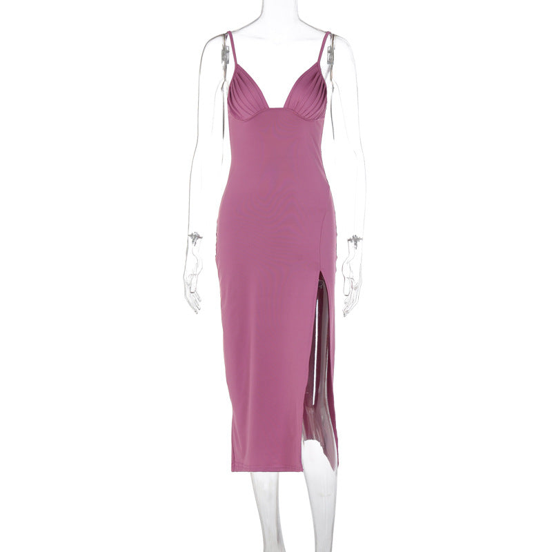 Spaghetti Strap Dress With Split Design Deep V-neck Sleeveless Backless Bodycon Party Dresses For Womens Clothing - Global Trending