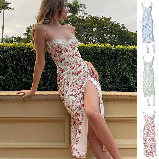 Lace Flowers Print Long Dress Sexy Fashion Slit Suspender Dress Summer Womens Clothing - Global Trending